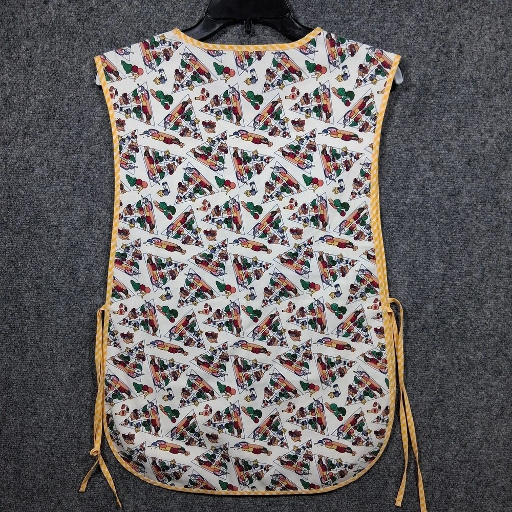 Vintage Food Pyramid Print Tabard Apron Yellow Gingham‎ Trim Smock Pockets Multi